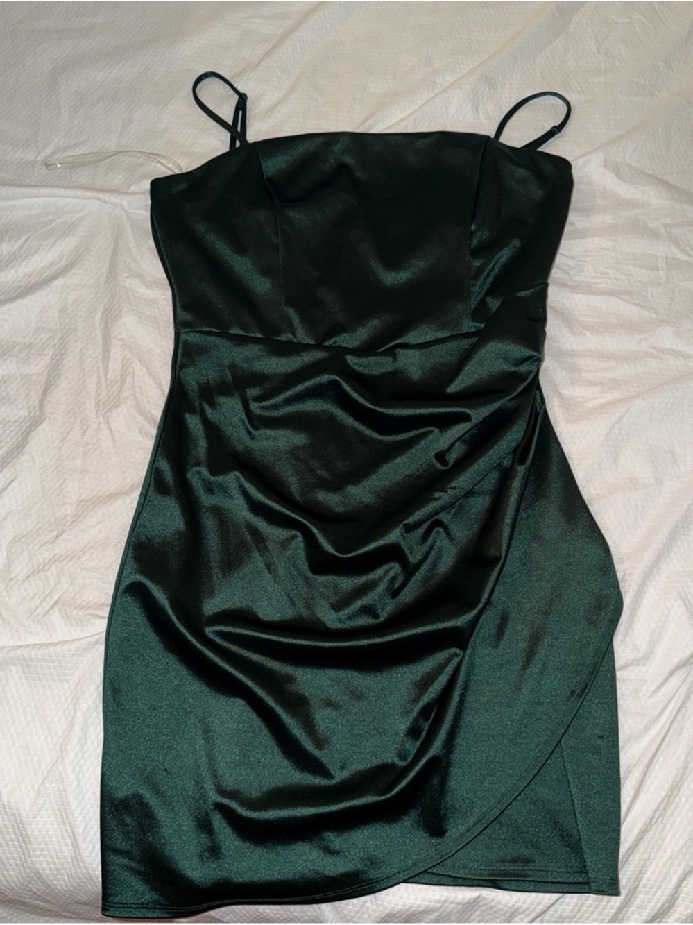 Emerald Sundae Dark Green Satin Spaghetti-Strap Mini Dress